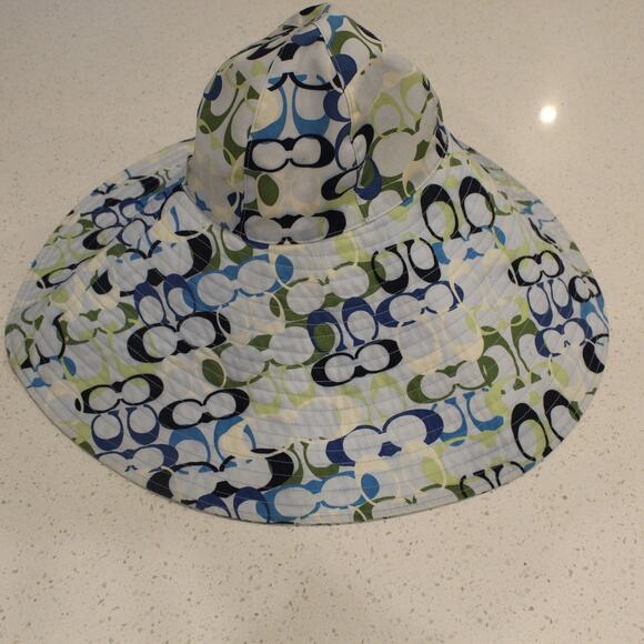 Coach Accessories - Coach Hat Sun Floppy Bucket Wide Brim Blue Green Signature Monogram Beach P/S